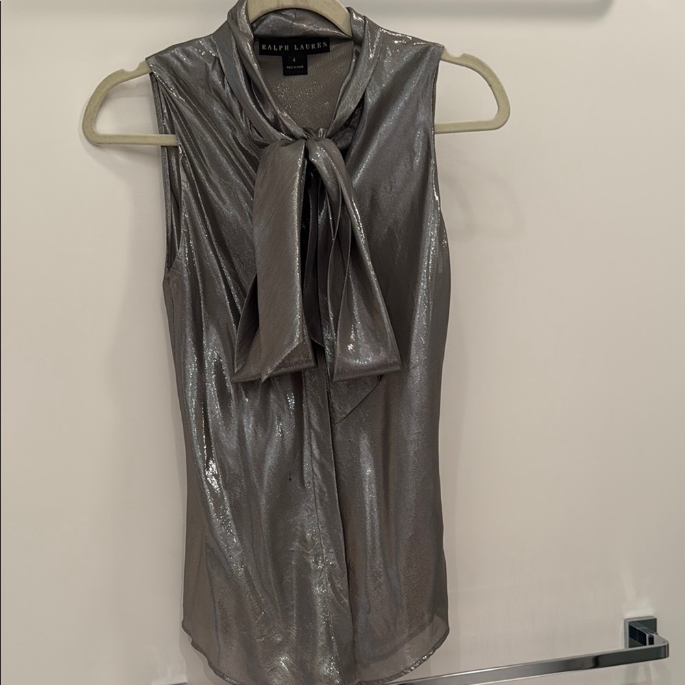 Ralph Lauren Silver Tie Front Sleeveless Blouse